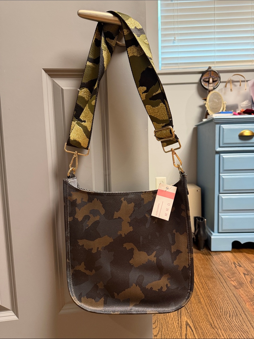 Camouflage Crossbody Bag with Wide Adjustable Strap - Olive/Brown
